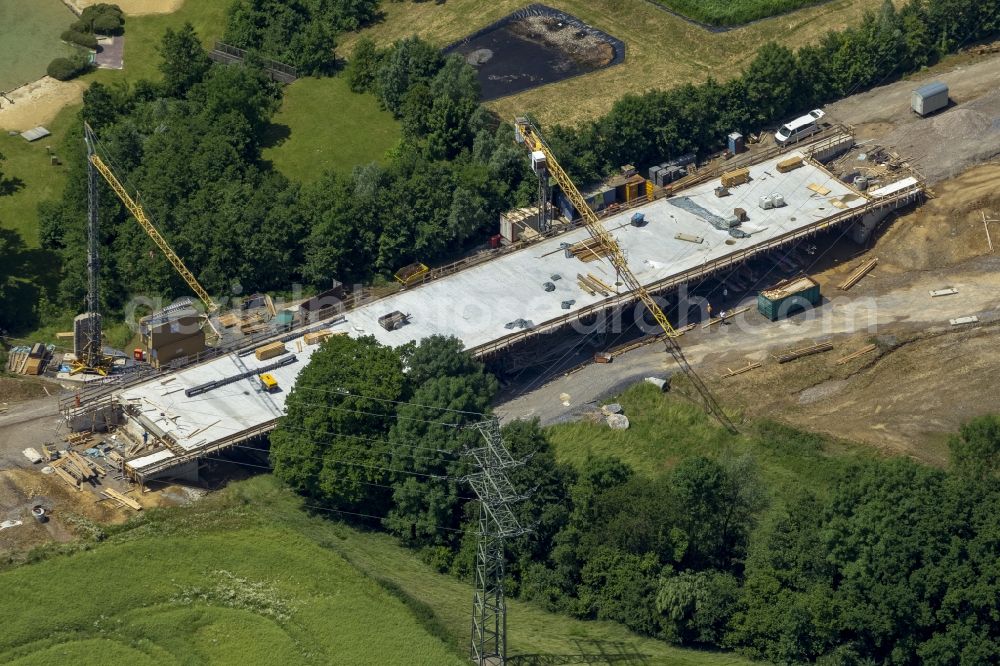 Mettmann from above - Construction site of new bridge in Linde Heider Strasse in Mettmann in North Rhine-Westphalia. Building contractor is the company Betam GmbH NL Engineering