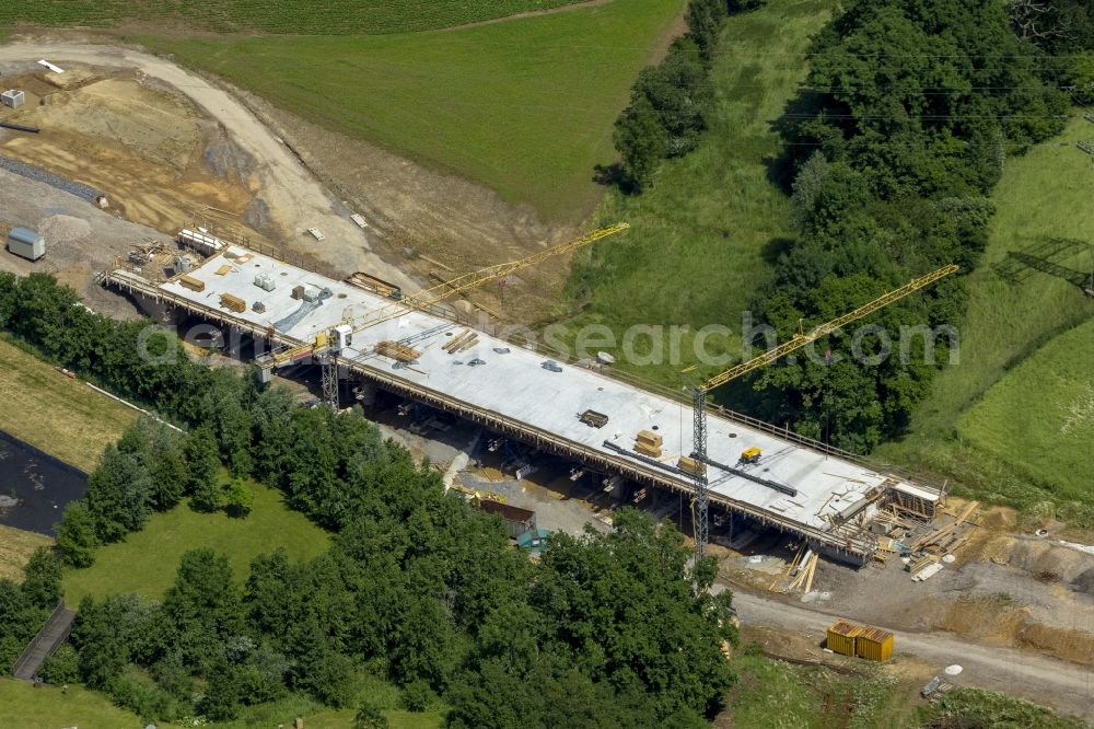 Mettmann from above - Construction site of new bridge in Linde Heider Strasse in Mettmann in North Rhine-Westphalia. Building contractor is the company Betam GmbH NL Engineering