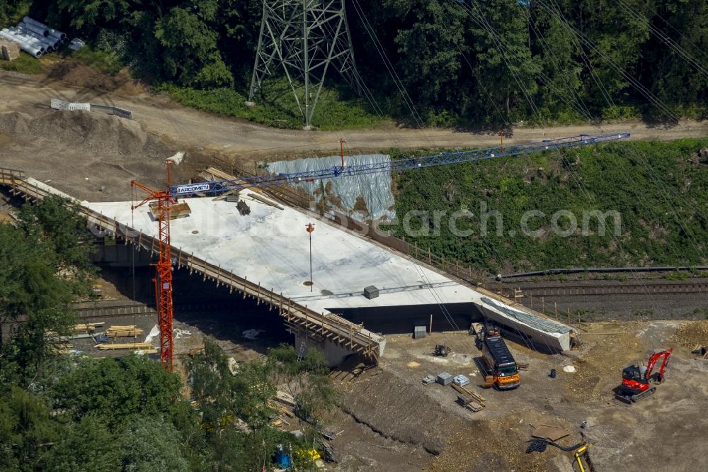 Aerial image Mettmann - Construction site of new bridge in Linde Heider Strasse in Mettmann in North Rhine-Westphalia. Building contractor is the company Betam GmbH NL Engineering