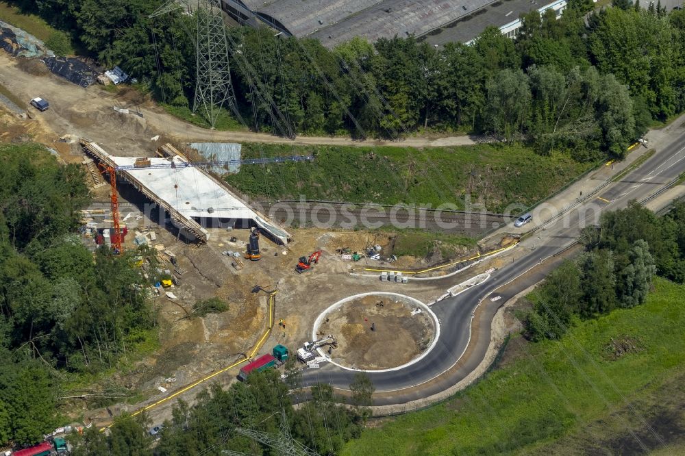 Mettmann from above - Construction site of new bridge in Linde Heider Strasse in Mettmann in North Rhine-Westphalia. Building contractor is the company Betam GmbH NL Engineering