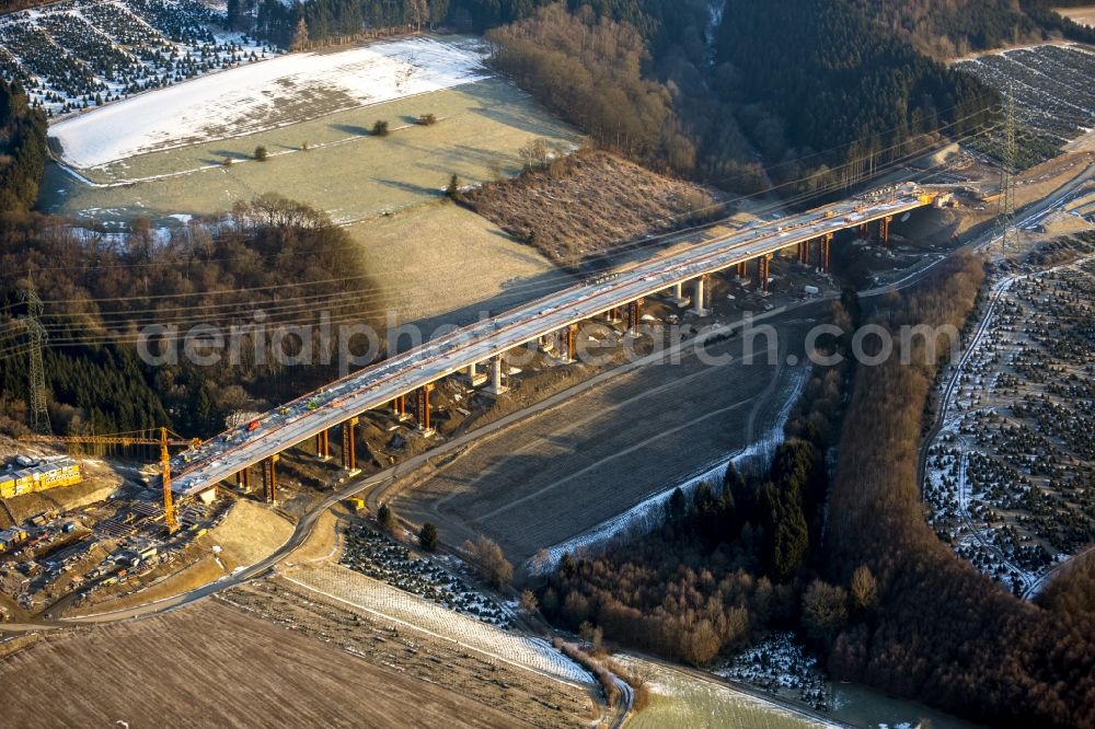 Aerial photograph Bestwig Velmede - Construction site of new bridge in the expansion of the motorway A46 motorway in Bestwig-Velmede in North Rhine-Westphalia