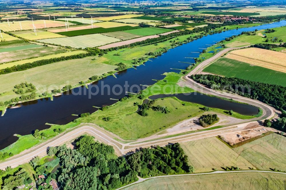 Neuermark-Lübars from above - Construction site for the new construction of the dike protective strip Elbe in Neuermark-Luebars in the state Saxony-Anhalt, Germany