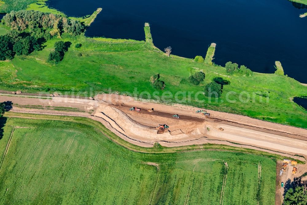 Neuermark-Lübars from the bird's eye view: Construction site for the new construction of the dike protective strip Elbe in Neuermark-Luebars in the state Saxony-Anhalt, Germany