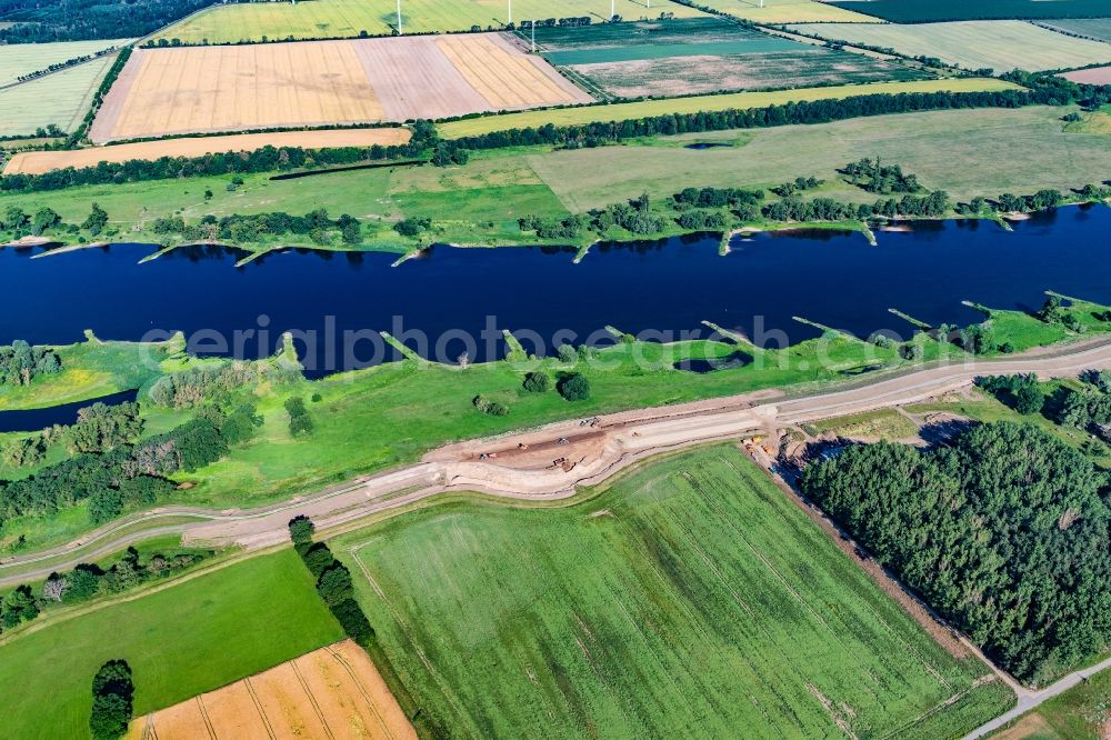 Aerial image Neuermark-Lübars - Construction site for the new construction of the dike protective strip Elbe in Neuermark-Luebars in the state Saxony-Anhalt, Germany