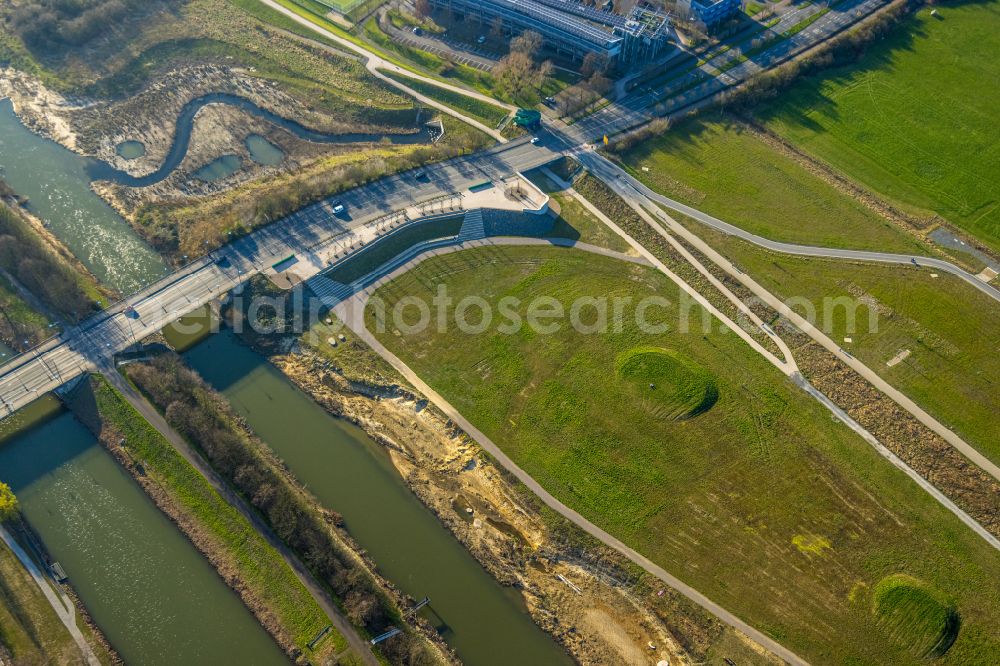 Aerial photograph Hamm - Construction site for the new construction of the dike protective strip Erlebensraum in the district Heessen in Hamm at Ruhrgebiet in the state North Rhine-Westphalia, Germany