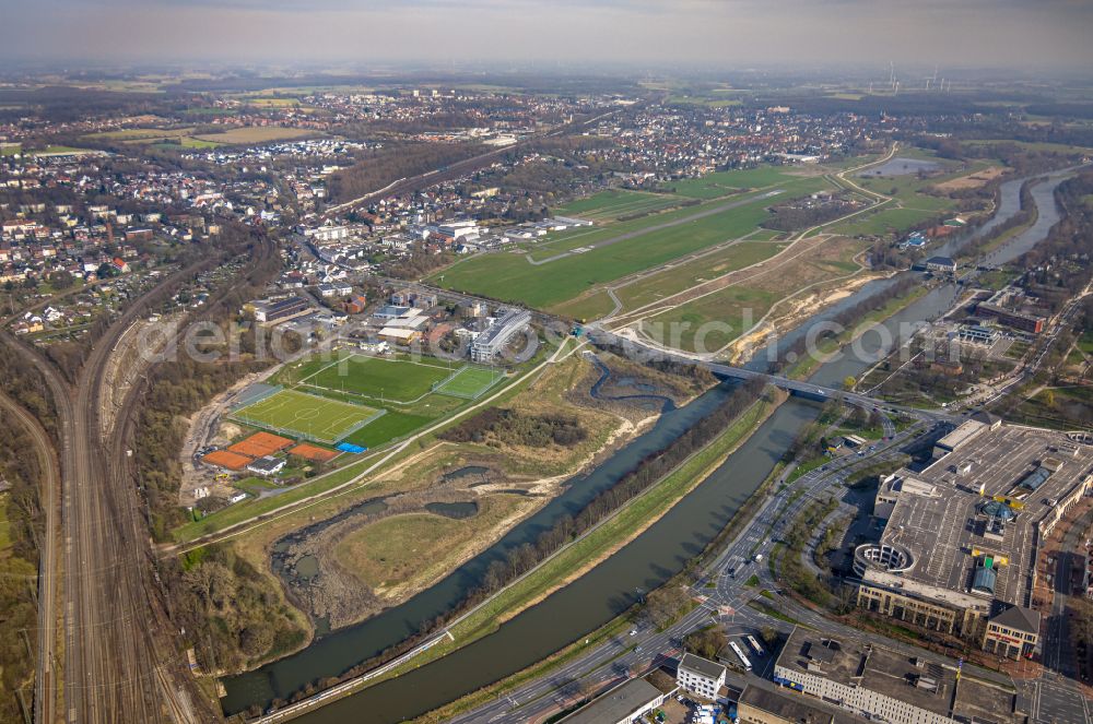 Hamm from above - Construction site for the new construction of the dike protective strip Erlebensraum in the district Heessen in Hamm at Ruhrgebiet in the state North Rhine-Westphalia, Germany