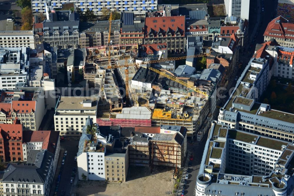 Aerial photograph Leipzig - Construction site to the new hotel - Motel One group in the center of Lepzig in Saxony. Operating company is GP Papenburg Hochbau GmbH