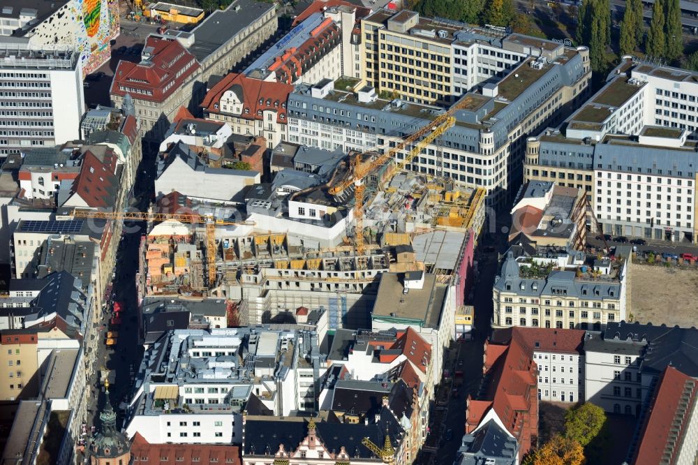 Leipzig from the bird's eye view: Construction site to the new hotel - Motel One group in the center of Lepzig in Saxony. Operating company is GP Papenburg Hochbau GmbH