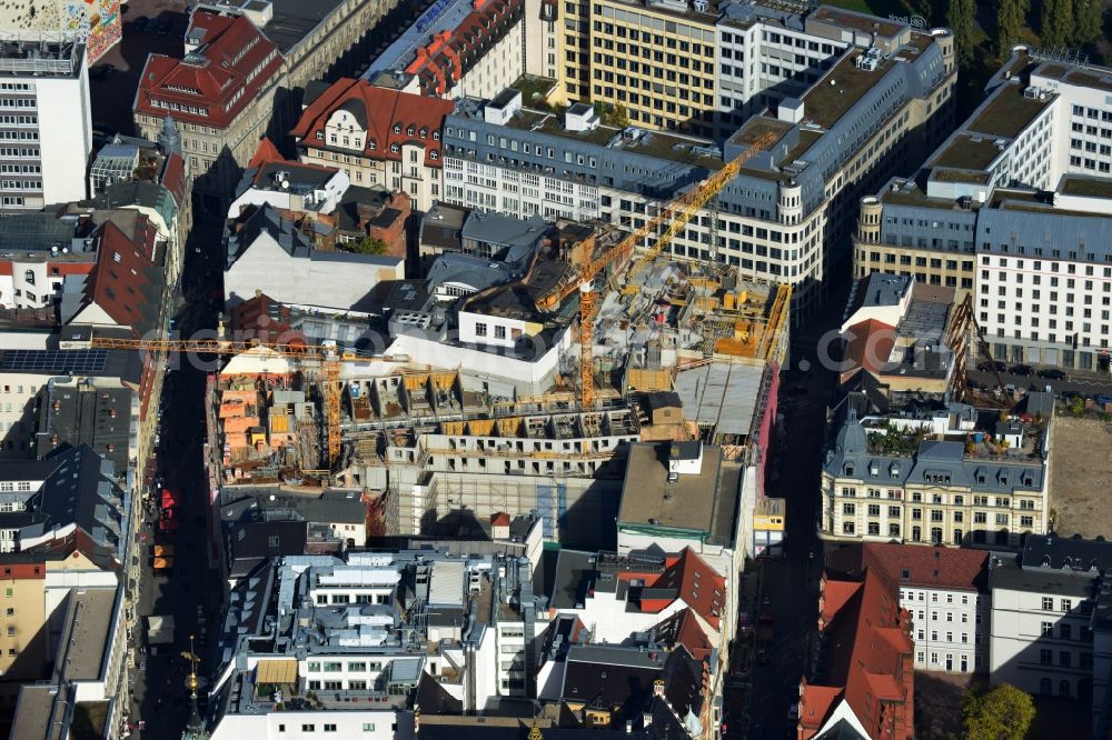 Aerial image Leipzig - Construction site to the new hotel - Motel One group in the center of Lepzig in Saxony. Operating company is GP Papenburg Hochbau GmbH