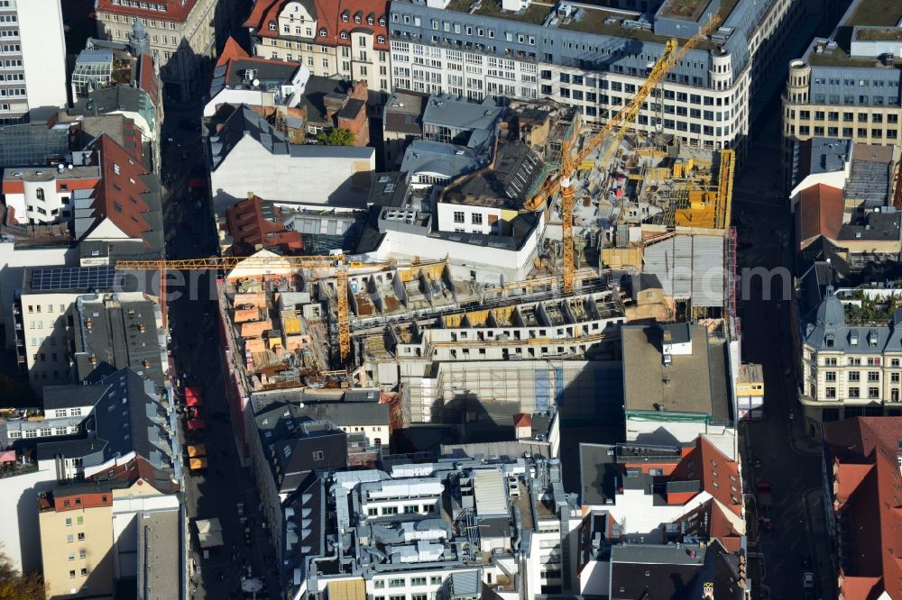 Aerial photograph Leipzig - Construction site to the new hotel - Motel One group in the center of Lepzig in Saxony. Operating company is GP Papenburg Hochbau GmbH