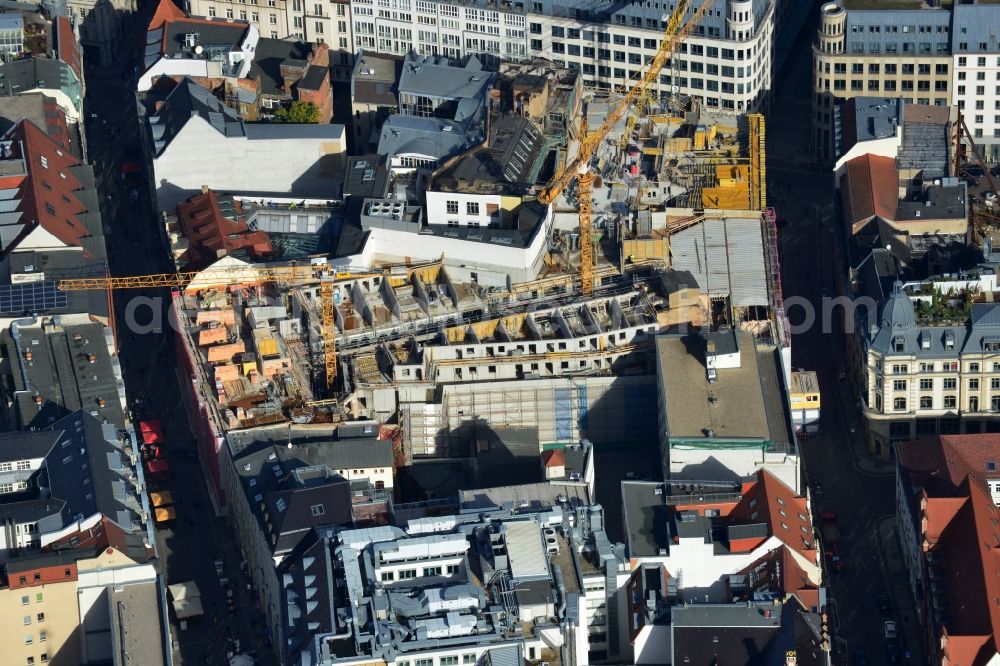 Leipzig from above - Construction site to the new hotel - Motel One group in the center of Lepzig in Saxony. Operating company is GP Papenburg Hochbau GmbH