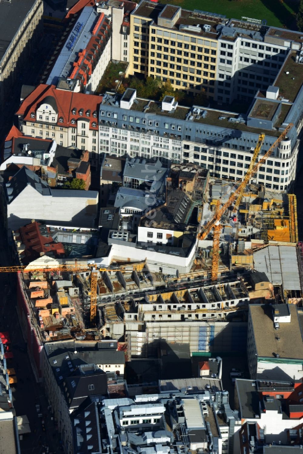 Leipzig from the bird's eye view: Construction site to the new hotel - Motel One group in the center of Lepzig in Saxony. Operating company is GP Papenburg Hochbau GmbH