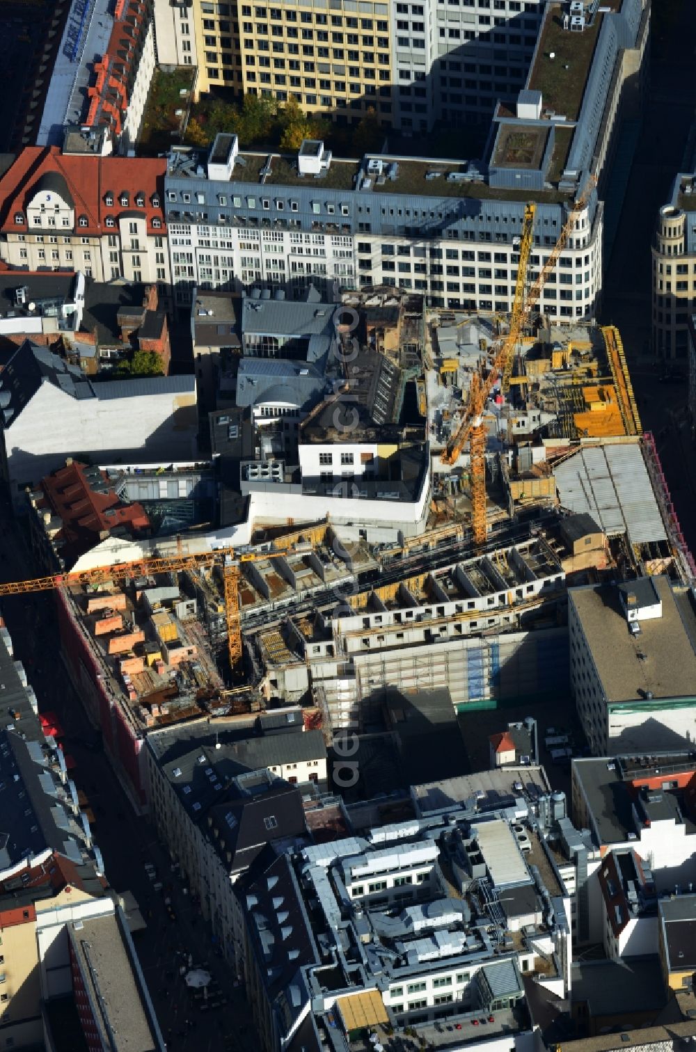 Aerial image Leipzig - Construction site to the new hotel - Motel One group in the center of Lepzig in Saxony. Operating company is GP Papenburg Hochbau GmbH