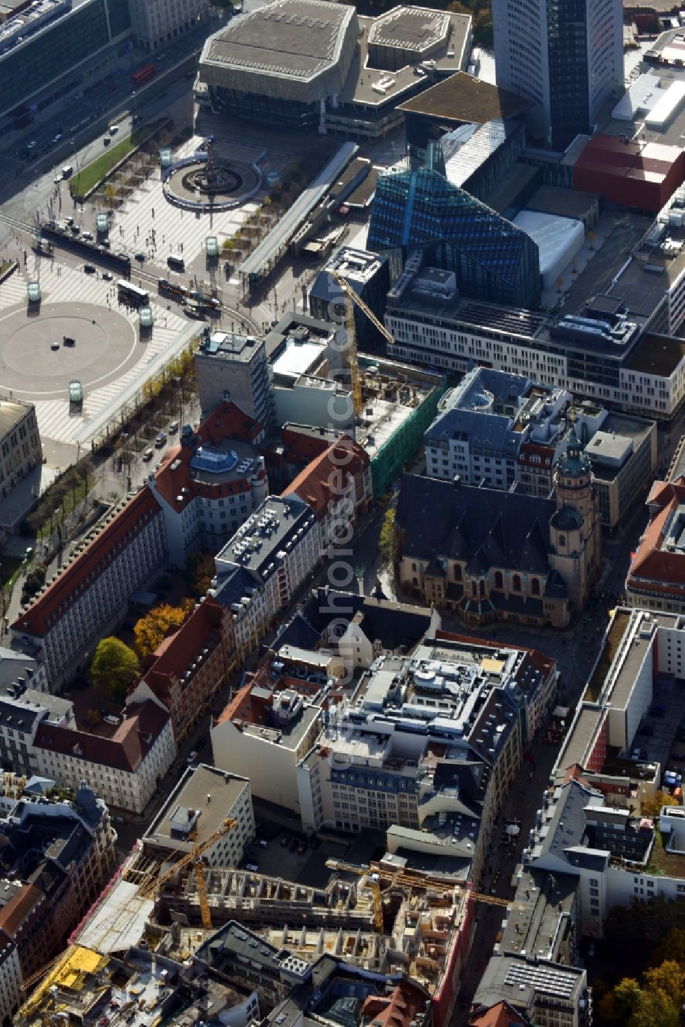 Aerial photograph Leipzig - Construction site to the new hotel - Motel One group in the center of Lepzig in Saxony. Operating company is GP Papenburg Hochbau GmbH