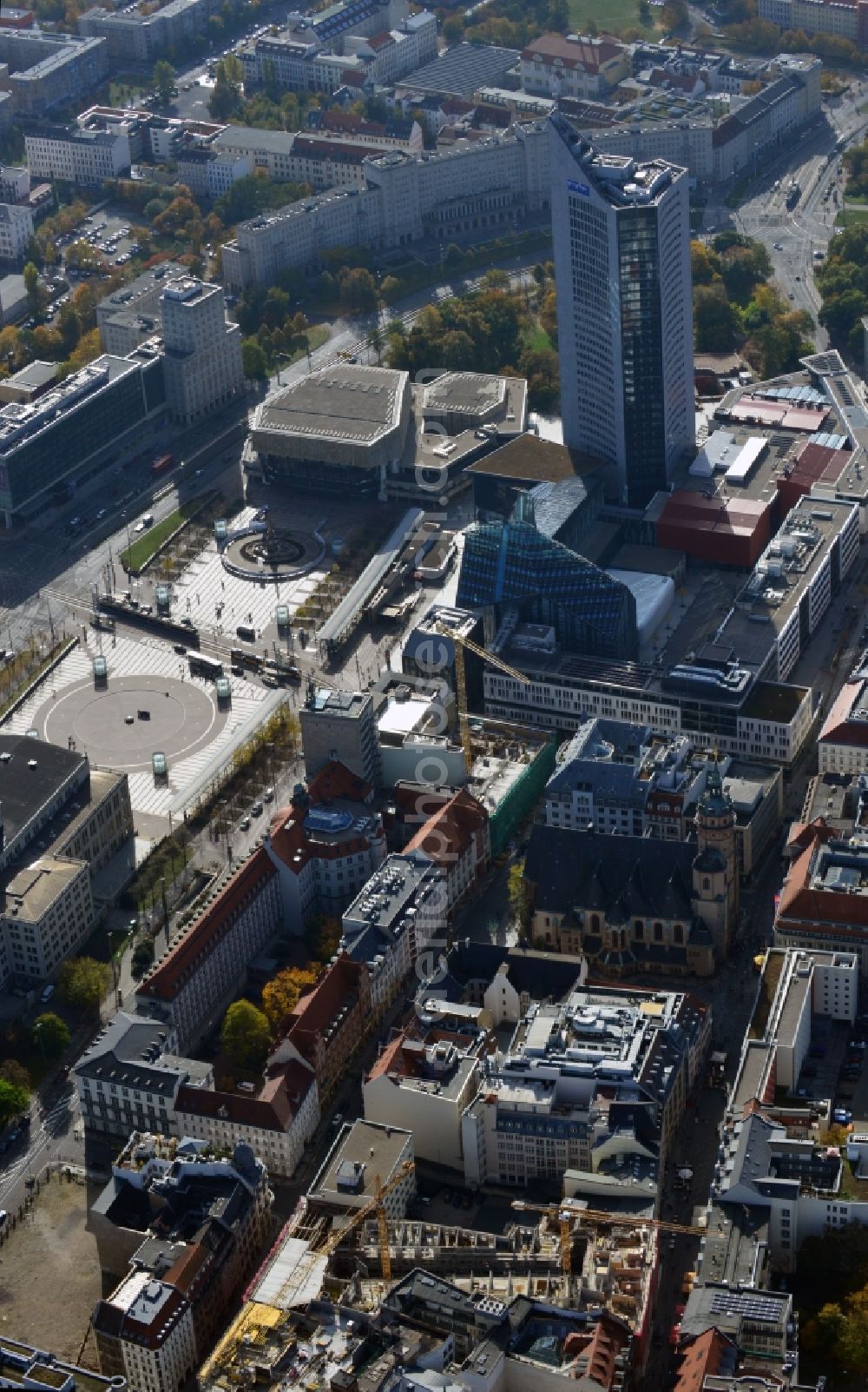 Leipzig from above - Construction site to the new hotel - Motel One group in the center of Lepzig in Saxony. Operating company is GP Papenburg Hochbau GmbH