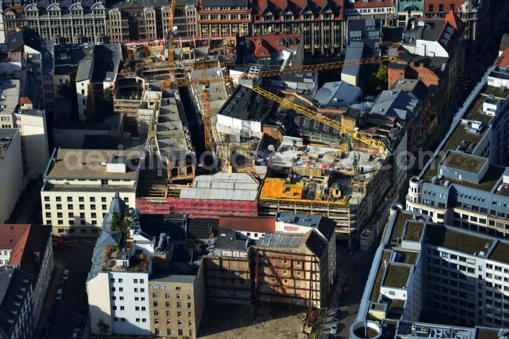 Leipzig from the bird's eye view: Construction site to the new hotel - Motel One group in the center of Lepzig in Saxony. Operating company is GP Papenburg Hochbau GmbH