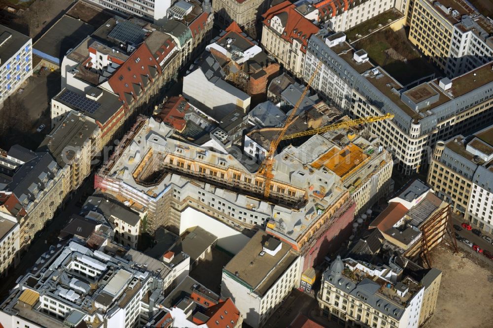 Leipzig from the bird's eye view: Construction site to the new hotel - Motel One group in the center of Lepzig in Saxony. Operating company is GP Papenburg Hochbau GmbH