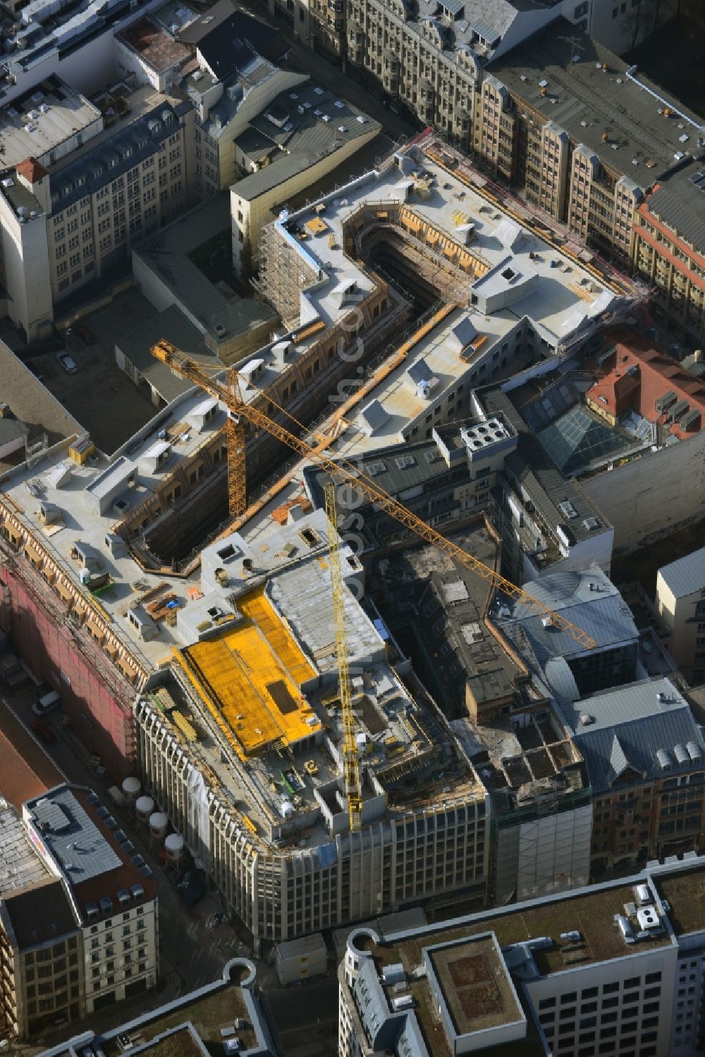 Aerial image Leipzig - Construction site to the new hotel - Motel One group in the center of Lepzig in Saxony. Operating company is GP Papenburg Hochbau GmbH