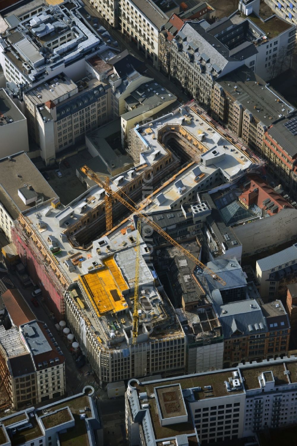 Aerial photograph Leipzig - Construction site to the new hotel - Motel One group in the center of Lepzig in Saxony. Operating company is GP Papenburg Hochbau GmbH