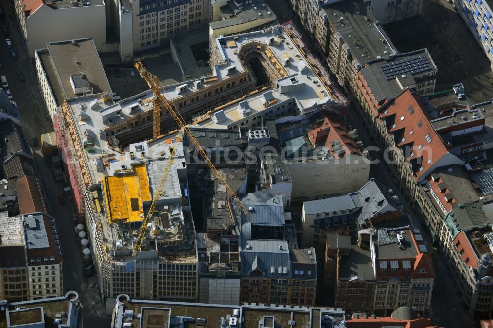 Leipzig from above - Construction site to the new hotel - Motel One group in the center of Lepzig in Saxony. Operating company is GP Papenburg Hochbau GmbH