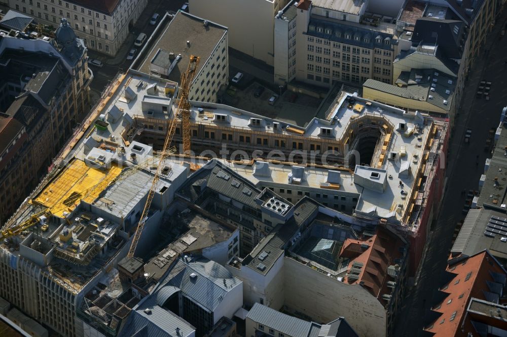 Leipzig from the bird's eye view: Construction site to the new hotel - Motel One group in the center of Lepzig in Saxony. Operating company is GP Papenburg Hochbau GmbH