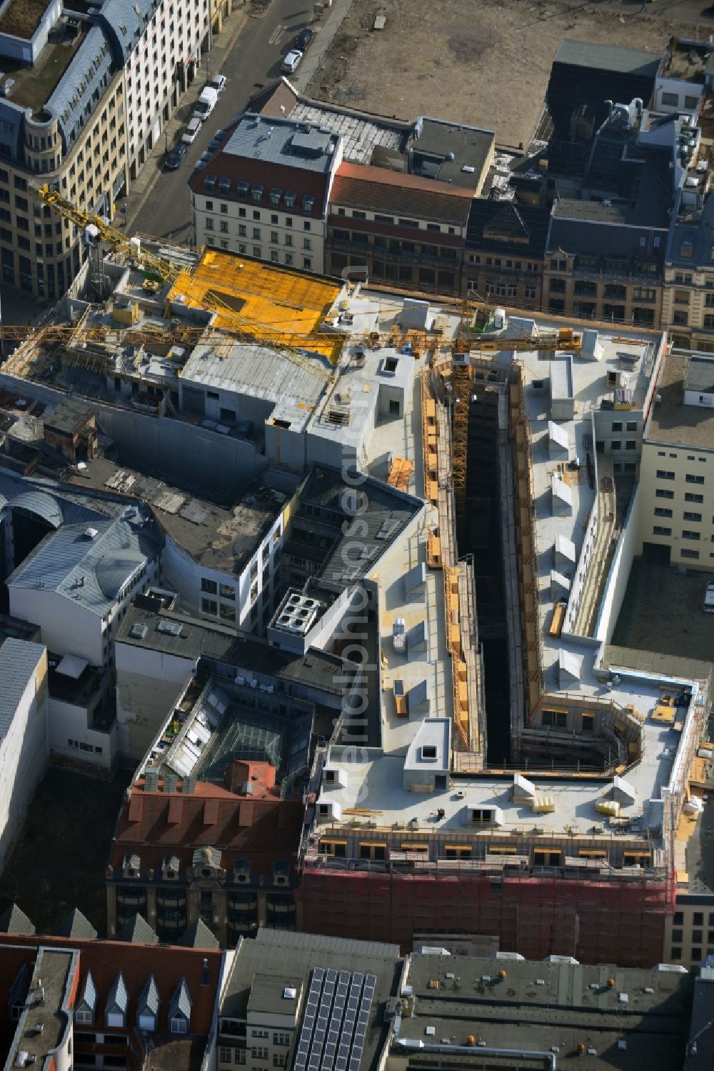 Aerial image Leipzig - Construction site to the new hotel - Motel One group in the center of Lepzig in Saxony. Operating company is GP Papenburg Hochbau GmbH