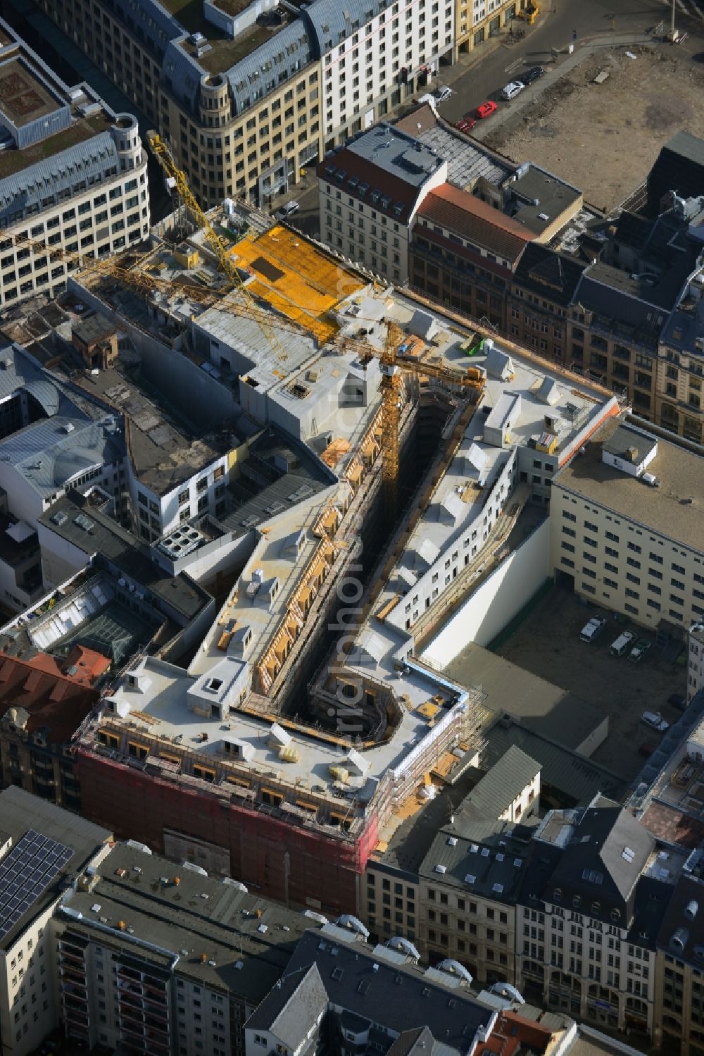 Aerial photograph Leipzig - Construction site to the new hotel - Motel One group in the center of Lepzig in Saxony. Operating company is GP Papenburg Hochbau GmbH