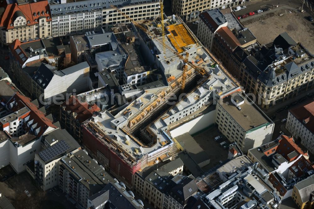 Leipzig from above - Construction site to the new hotel - Motel One group in the center of Lepzig in Saxony. Operating company is GP Papenburg Hochbau GmbH