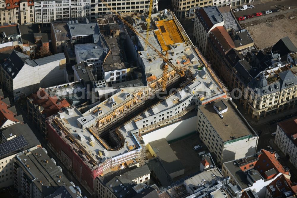 Leipzig from the bird's eye view: Construction site to the new hotel - Motel One group in the center of Lepzig in Saxony. Operating company is GP Papenburg Hochbau GmbH