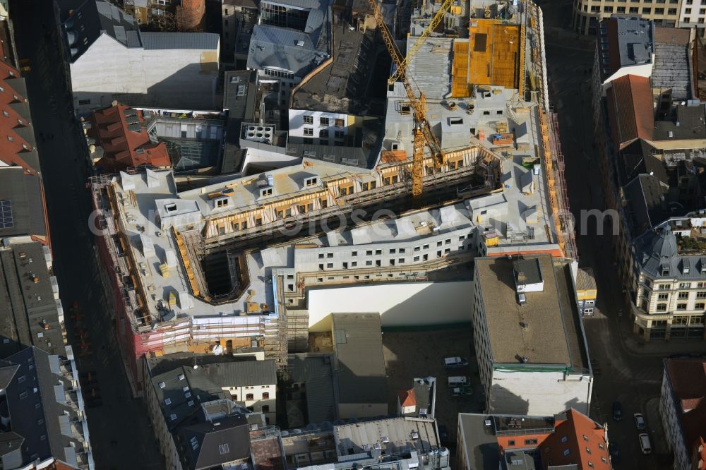 Aerial image Leipzig - Construction site to the new hotel - Motel One group in the center of Lepzig in Saxony. Operating company is GP Papenburg Hochbau GmbH