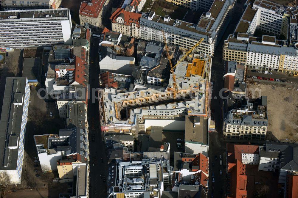 Aerial photograph Leipzig - Construction site to the new hotel - Motel One group in the center of Lepzig in Saxony. Operating company is GP Papenburg Hochbau GmbH