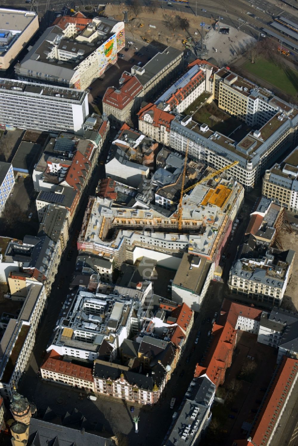 Leipzig from above - Construction site to the new hotel - Motel One group in the center of Lepzig in Saxony. Operating company is GP Papenburg Hochbau GmbH