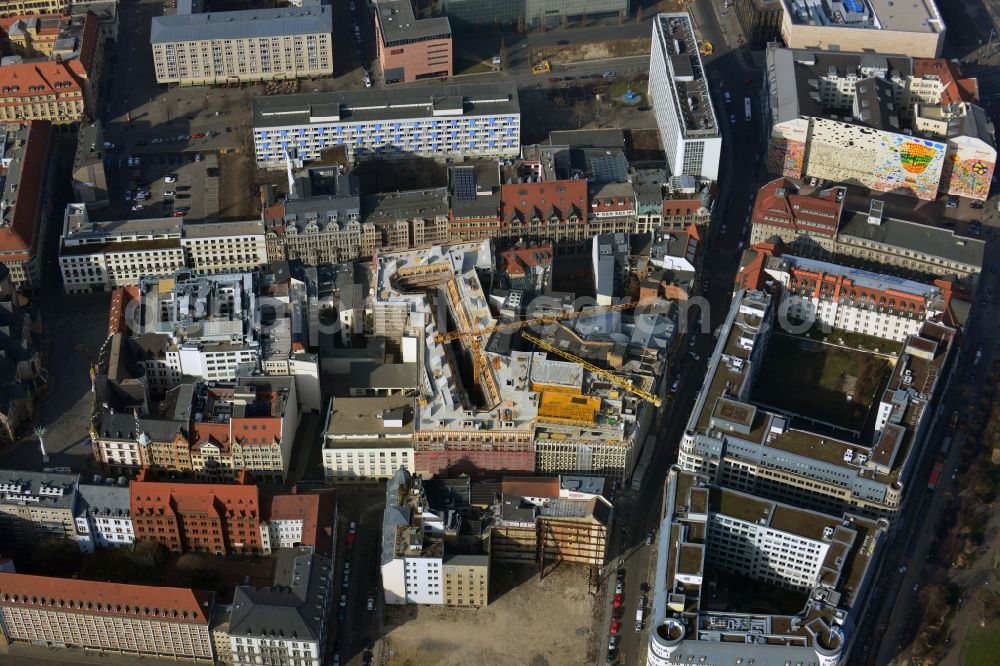 Leipzig from the bird's eye view: Construction site to the new hotel - Motel One group in the center of Lepzig in Saxony. Operating company is GP Papenburg Hochbau GmbH