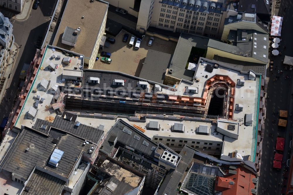 Leipzig from the bird's eye view: Construction site to the new hotel - Motel One group in the center of Lepzig in Saxony. Operating company is GP Papenburg Hochbau GmbH