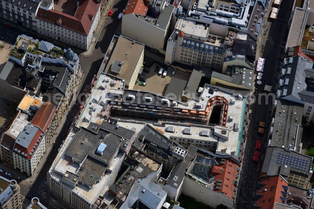 Aerial image Leipzig - Construction site to the new hotel - Motel One group in the center of Lepzig in Saxony. Operating company is GP Papenburg Hochbau GmbH