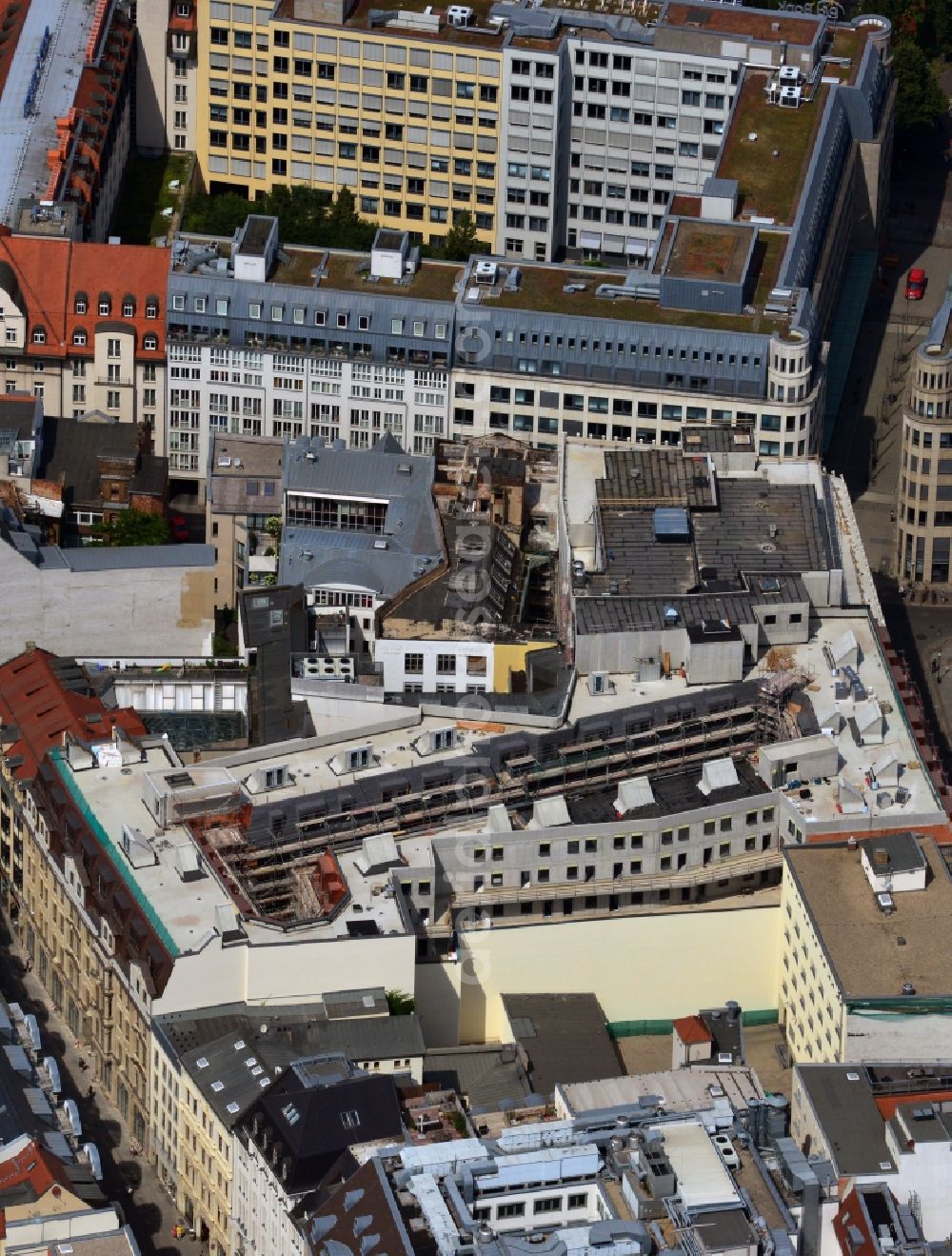 Leipzig from above - Construction site to the new hotel - Motel One group in the center of Lepzig in Saxony. Operating company is GP Papenburg Hochbau GmbH