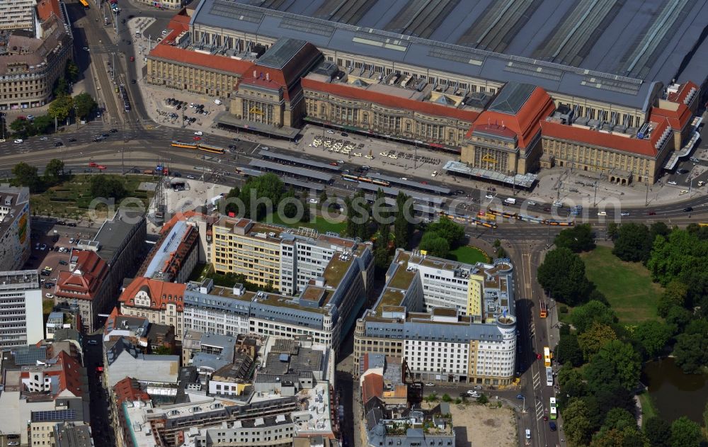 Leipzig from the bird's eye view: Construction site to the new hotel - Motel One group in the center of Lepzig in Saxony. Operating company is GP Papenburg Hochbau GmbH