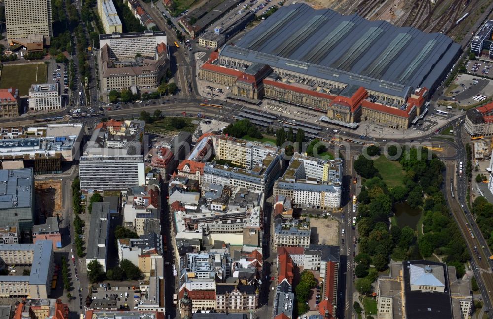 Aerial image Leipzig - Construction site to the new hotel - Motel One group in the center of Lepzig in Saxony. Operating company is GP Papenburg Hochbau GmbH