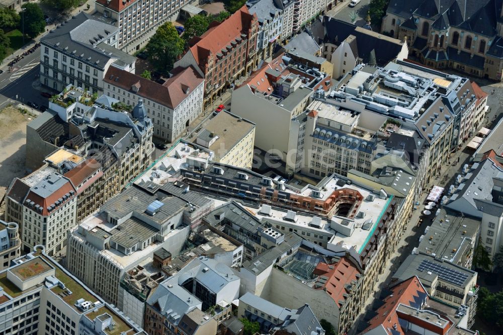 Leipzig from the bird's eye view: Construction site to the new hotel - Motel One group in the center of Lepzig in Saxony. Operating company is GP Papenburg Hochbau GmbH