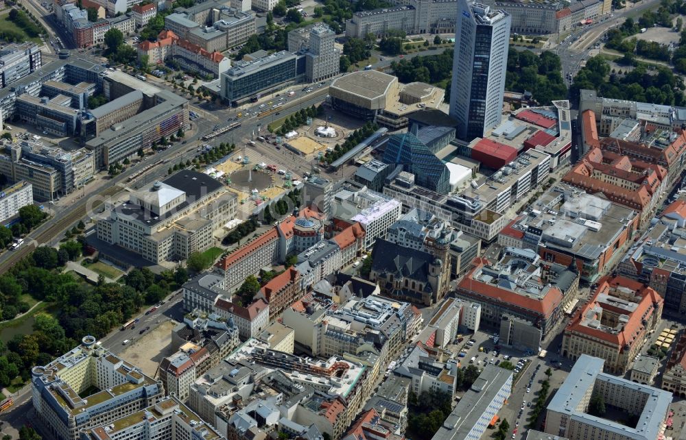 Aerial image Leipzig - Construction site to the new hotel - Motel One group in the center of Lepzig in Saxony. Operating company is GP Papenburg Hochbau GmbH