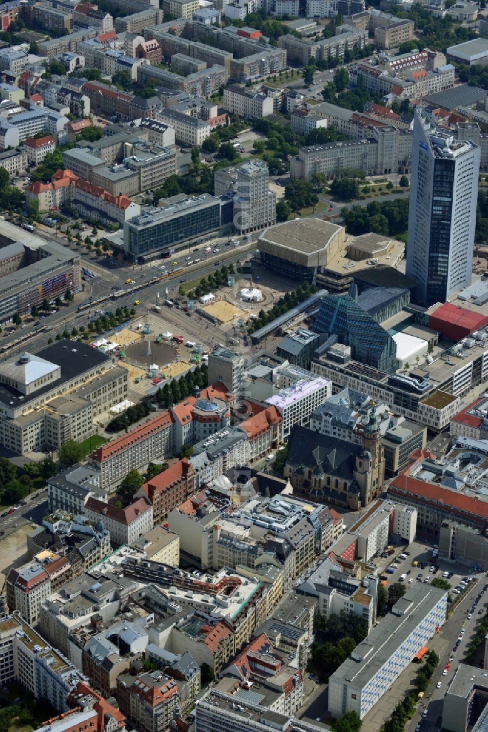 Aerial photograph Leipzig - Construction site to the new hotel - Motel One group in the center of Lepzig in Saxony. Operating company is GP Papenburg Hochbau GmbH