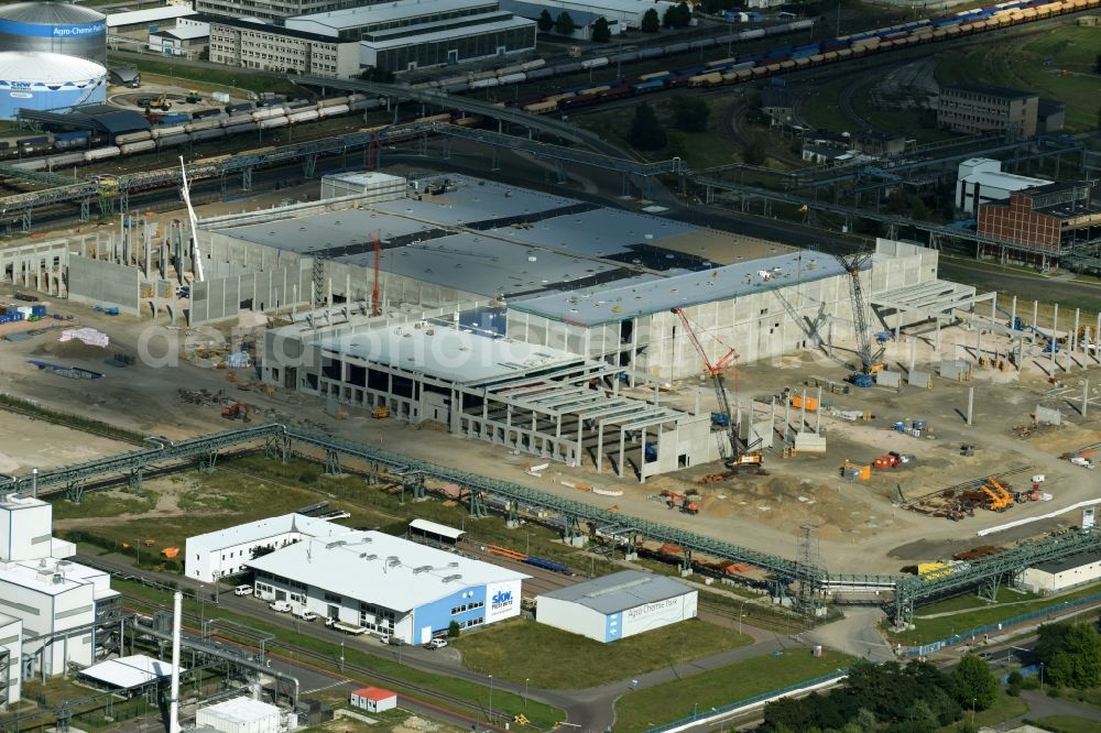 Lutherstadt Wittenberg from the bird's eye view: Construction site for the new building of storage for the SKW Stickstoffwerke Piesteritz GmbH in Lutherstadt Wittenberg in the state Saxony-Anhalt