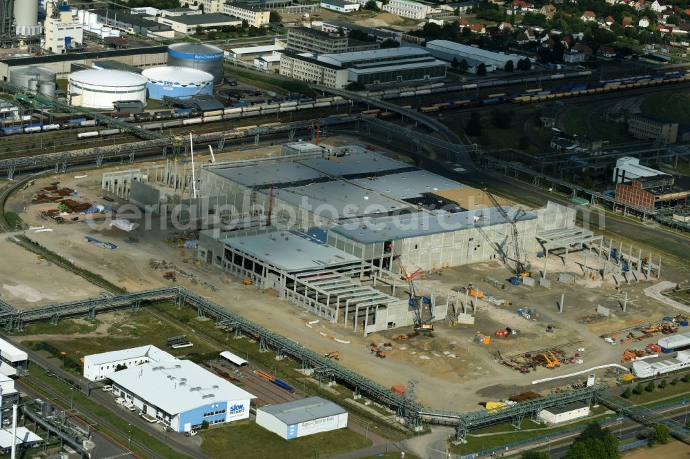 Aerial image Lutherstadt Wittenberg - Construction site for the new building of storage for the SKW Stickstoffwerke Piesteritz GmbH in Lutherstadt Wittenberg in the state Saxony-Anhalt