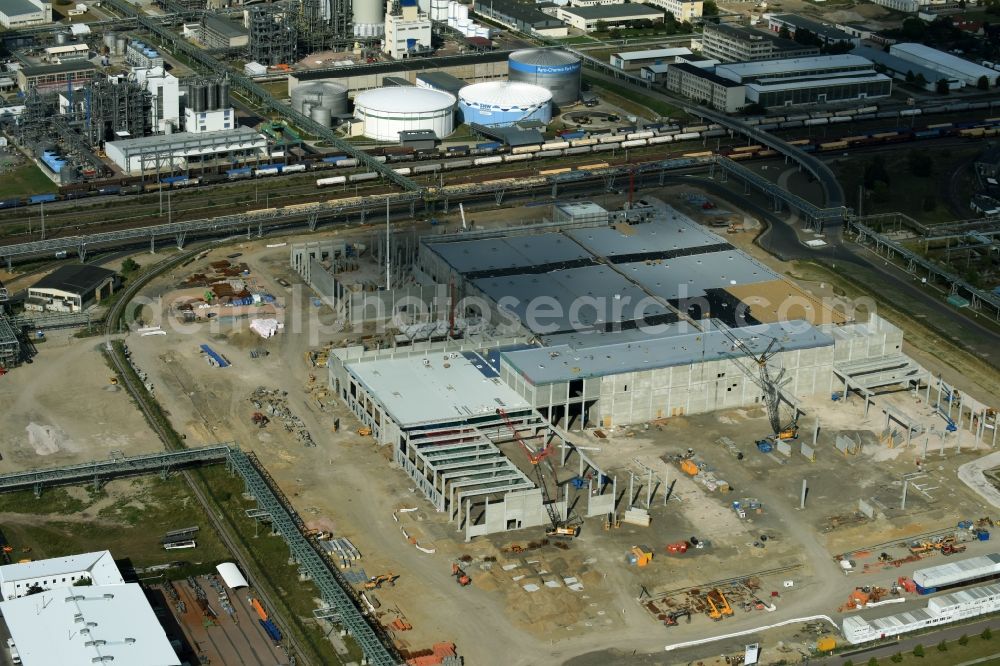 Aerial photograph Lutherstadt Wittenberg - Construction site for the new building of storage for the SKW Stickstoffwerke Piesteritz GmbH in Lutherstadt Wittenberg in the state Saxony-Anhalt