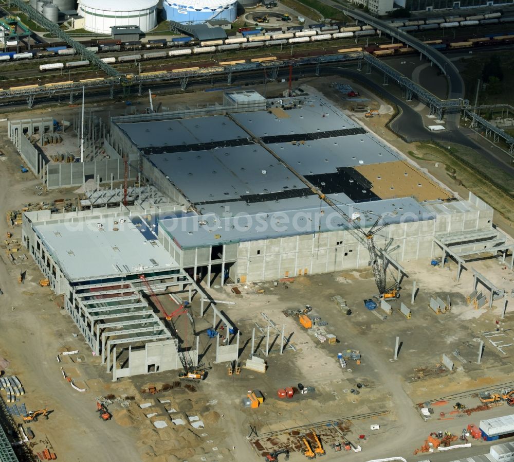 Lutherstadt Wittenberg from above - Construction site for the new building of storage for the SKW Stickstoffwerke Piesteritz GmbH in Lutherstadt Wittenberg in the state Saxony-Anhalt