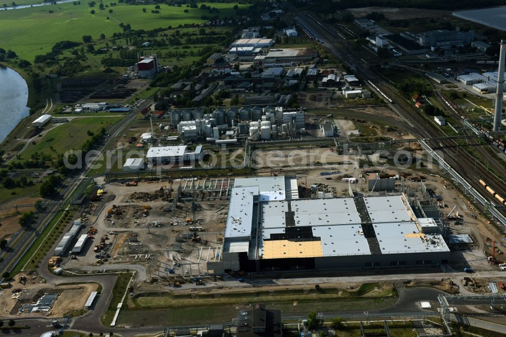 Lutherstadt Wittenberg from above - Construction site for the new building of storage for the SKW Stickstoffwerke Piesteritz GmbH in Lutherstadt Wittenberg in the state Saxony-Anhalt