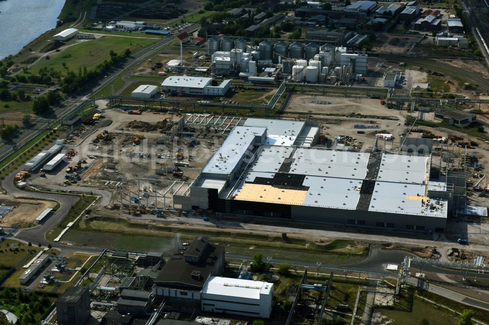 Aerial image Lutherstadt Wittenberg - Construction site for the new building of storage for the SKW Stickstoffwerke Piesteritz GmbH in Lutherstadt Wittenberg in the state Saxony-Anhalt