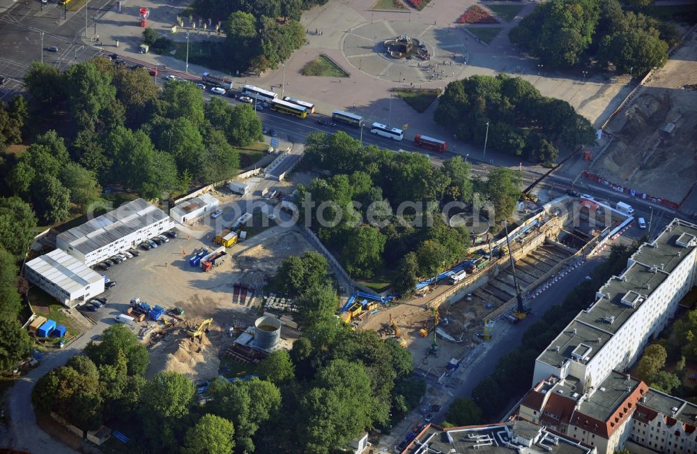 Aerial photograph Berlin - View at the construction site for gap closure of the subway line U5 in the Rathausstraße in the district Mitte in Berlin. The extension of the subway line U5 and therefore connecting the eastern city area across the Alexanderplatz to the Central Station is the most important new construction measure in the metro network of Berlin. The new U5 becomes the second longest subway line in Berlin with a range from Hoenow to Central Station. Operating construction company is Bilfinger & Berger