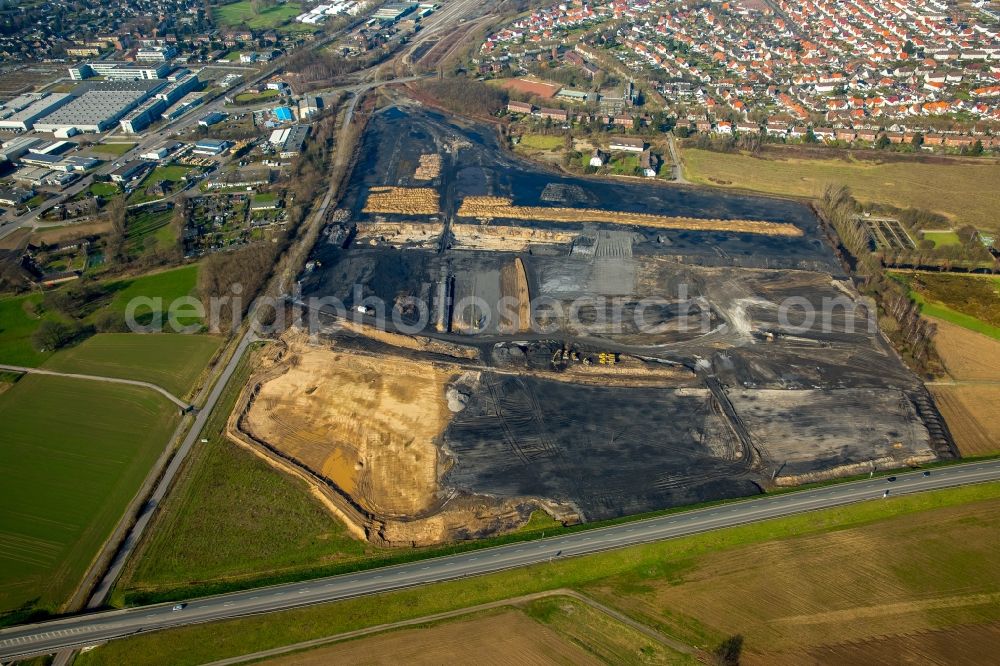 Kamp-Lintfort from above - Construction site for the new logistics area logport IV on site of the former coal storage of the coal mine West in Kamp-Lintfort in the state of North Rhine-Westphalia