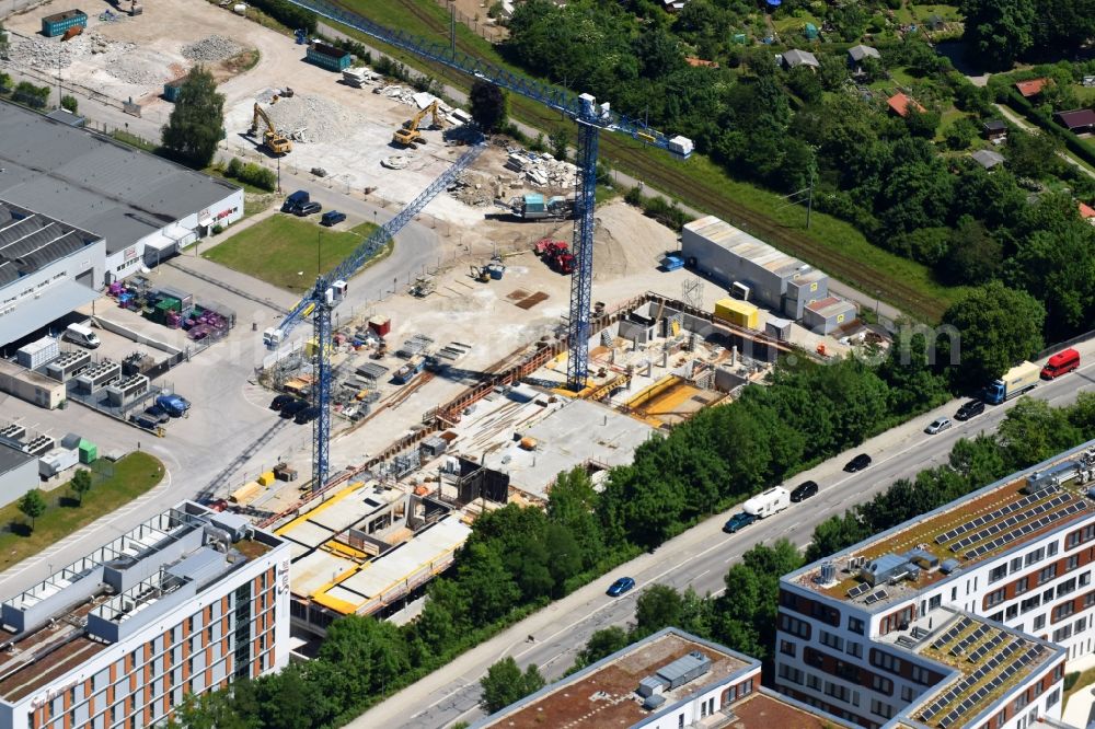 München from above - Residential construction site with multi-family housing development- on the on Domagkstrasse in the district Schwabing-Freimann in Munich in the state Bavaria, Germany